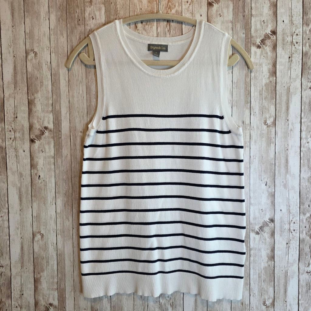 Women's Style & Co. Tank Top Size S White Black Striped Sleeveless